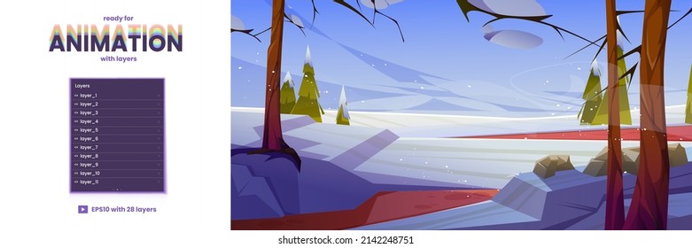 Winter landscape ready for game animation. Cartoon separated layers snow lying on field and branches, road, spruces under cloudy sky with falling snowflakes. 2d parallax background vector illustration