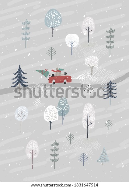Winter landscape. Red car driven by a\
Christmas fir. Cute winter forest. Crocodile\
driver.