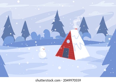 winter landscape. red cottage and snowman at snowy forest.vector.