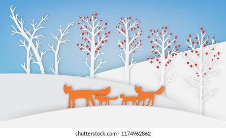 Winter landscape with red fox family and tree, paper art style.