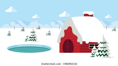 Winter Landscape with Red House Background 