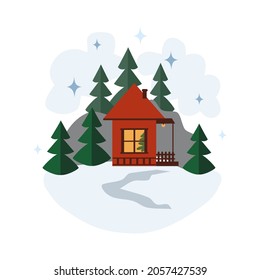 Winter landscape, red house in the mountains flat vector. Wooden cottage in the mountains surrounded by fir trees. Winter season and Christmas concept. Cartoon image

