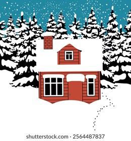 Winter landscape with a red house in snowy woods. Winter illustration of a cozy red cabin in the snow. Vector Illustration