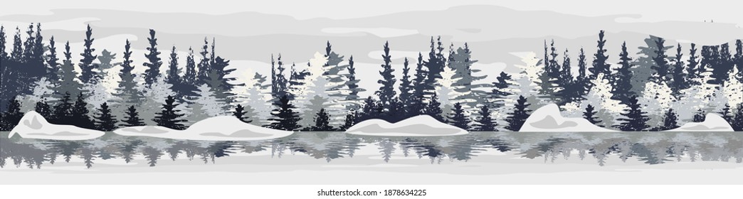 winter landscape reflection with fair trees  under the snow background . Nature, landscape. Pine, spruce, christmas tree. Vector. 