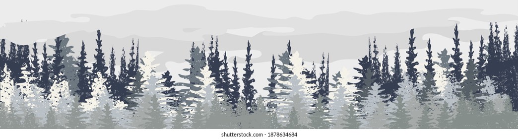 winter landscape reflection with fair trees  under the snow background . Nature, landscape. Pine, spruce, christmas tree. Vector.