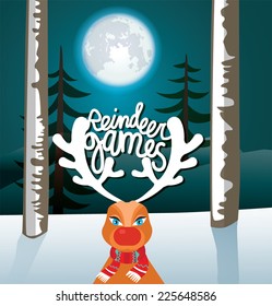 Winter landscape with reindeer. Reindeer games. Reindeer Antlers.