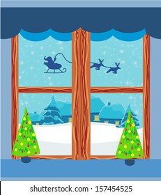 Winter landscape with reindeer, houses and Santa 