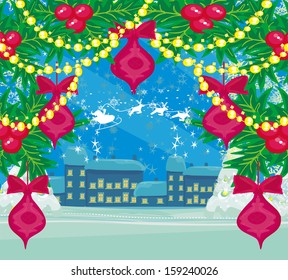 Winter landscape with reindeer, houses and Santa 