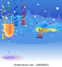 Winter landscape with reindeer in New Years eve