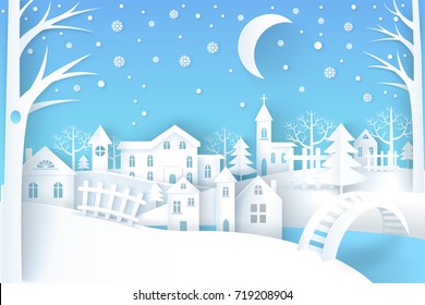 Winter landscape represented by trees, stars and moon, houses and church vector illustration isolated on blue and white background