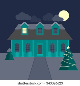 Winter landscape with residential house and Christmas tree at night in flat design.