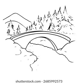 Winter landscape with a river, arched bridge, pine forest, and mountains - hand drawn line art sketch
