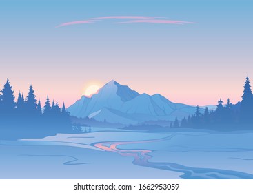 Winter landscape, river and forest on the background of snowy mountains at the sunset of the day, created by imagination in the format of vector graphics.