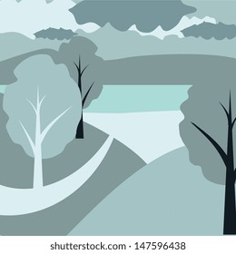 Winter landscape with river and hills
