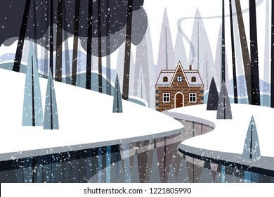 Winter landscape with river and чатwooden house. Simple flat design.