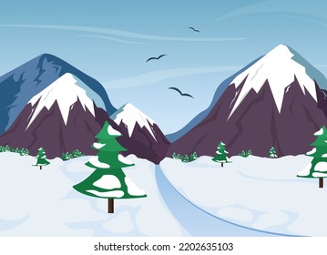 Paisaje invernal con carreteras y montañas. Ilustración vectorial.