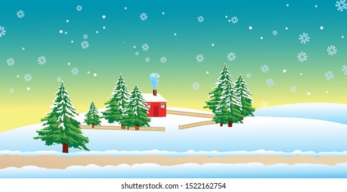 Winter landscape with a road and small red house on a hill. Vector illustration