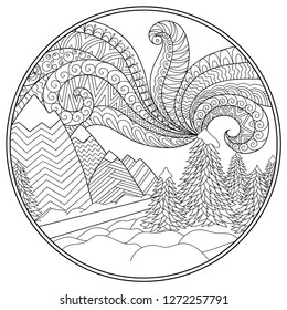 Winter Landscape - road, trees, mountains, polar lights, snow drifts. Coloring book page for children and adults. Outline doodle pattern in black and white. Hand draw vector illustration.