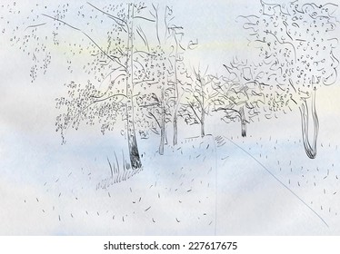 Winter landscape with road. Watercolor. Vector illustration.