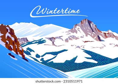 Winter landscape with rocks, skiing slopes, forest and mountains in the background. Handmade drawing vector illustration. Retro poster.