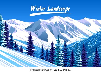 Winter landscape with rocks, skiing slopes, forest and mountains in the background. Handmade drawing vector illustration.