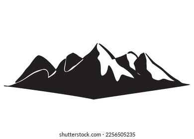 Winter landscape - Rocky and snowy mountain peaks. Vector illustration of rocky and snowy mountain in firs snow for icon, symbol, logo, emblem. Winter travel icon for adventure, camping and hiking.
