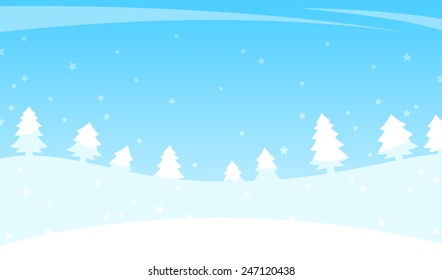 Winter landscape of rolling white hills with trees on the horizon and falling snow flakes over a turquoise blue sky, vector illustration