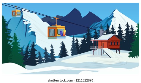 Winter landscape with ropeway station and ski cable cars. Snowy country scene vector illustration. Ski resort concept. For websites, wallpapers, posters or banners.