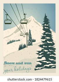 Winter landscape with ropeway station and ski cable cars. Snowy country scene vector illustration. Ski resort concept. For websites, wallpapers, posters or banners.