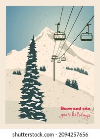 Winter landscape with ropeway station and ski cable cars. Snowy country scene vector illustration. Ski resort concept. For websites, wallpapers, posters or banners