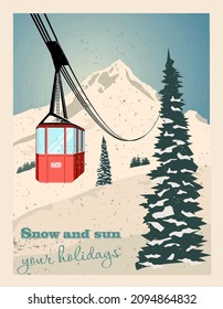 Winter landscape with ropeway station and ski cable cars. Snowy country scene vector illustration. Ski resort concept. For websites, wallpapers, posters or banners