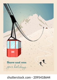 Winter landscape with ropeway station and ski cable cars. Snowy country scene vector illustration. Ski resort concept. For websites, wallpapers, posters or banners