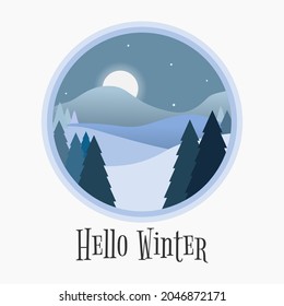 Winter Landscape in the round border with Hello Winter typography. Vector Illustration. Flat design.