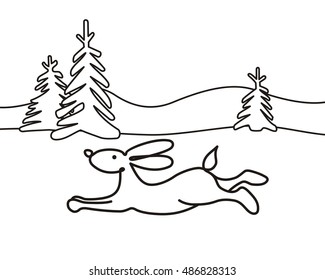 winter landscape with running hare