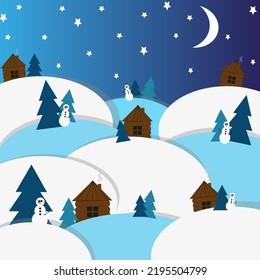 Winter Landscape With Rustic Wooden Houses, Christmas Tree, Snowman, Snowy Hills, And Stars With Moon On Night Sky Background. Vector Illustration With Picture Evenings On The Farm. 