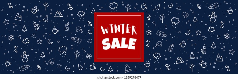 Winter landscape sale banner.  Vector blue background with white doodles of snow, tree, snowman, mountain, hot chocolate. Special offer illustration, coupon template.