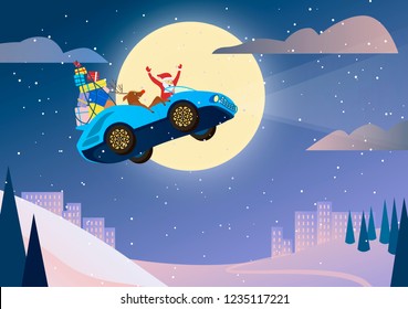 Winter landscape. Santa Claus and deer carrying gifts on a flying car. Snow-covered mountains, spruce forest and buildings on the background. Bright moon and snowflakes. Flat vector illustration. 