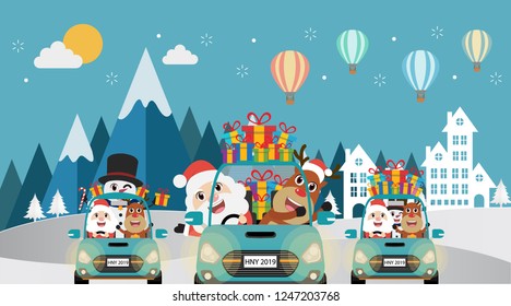 Winter landscape and Santa Claus drive car on snow