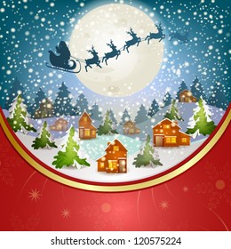 Winter landscape with Santa Claus's sleigh flying on the sky