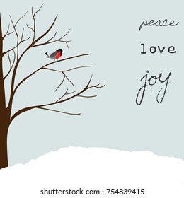 Winter Landscape Scene. Christmas New Year Greeting Card. Forest Falling Snow Red Capped Robin Bird Sitting on Tree. Blue Sky. Hand Lettering Peace Love Joy