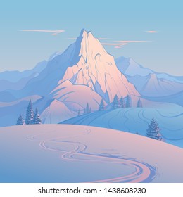 The winter landscape, scene of high mountains and ski trace on a hill slope created on imagination in a format of vector graphics.