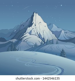 The winter landscape, scene of high mountains and the hill with a ski trace against the background of the night sky created on imagination in a format of vector graphics.