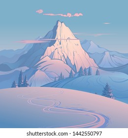 The winter landscape, scene of high mountains and hills under clouds at sunset created on imagination in a format of vector graphics.