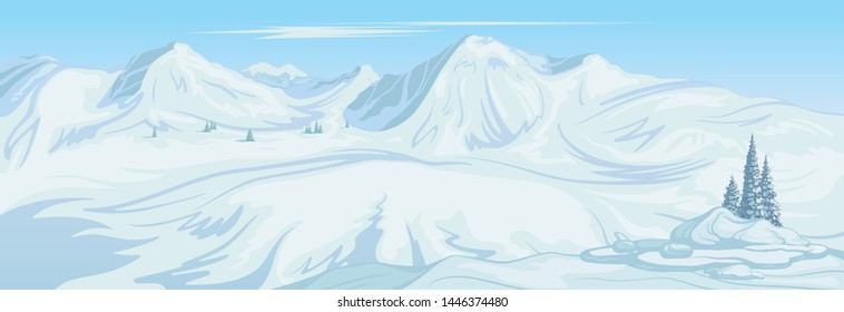 The winter landscape, scene of the high mountains covered with snow against the background of the blue sky, created on imagination in a format of vector graphics.