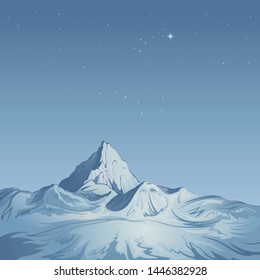 Winter landscape, scene of the high mountains covered with snow, against the background of the night sky, created on imagination in a format of vector graphics.