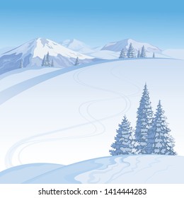 The winter landscape, scene of winter highlands with a ski track and fir-trees created on imagination in a format of vector graphics.