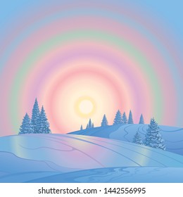 The winter landscape, scene of hills and fir-trees against the background of the decorative, evening sky created on imagination in a format of vector graphics.