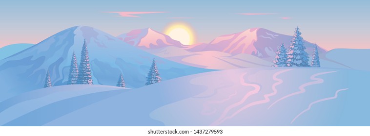 The winter landscape, scene of mountain tops and fir-trees on a sunset created on imagination in a format of vector graphics.