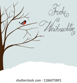 Winter Landscape Scene. New Year Greeting Card. Forest Falling Snow Red Capped Robin Bird Sitting on Tree. Blue Sky. Hand Lettering in German Language Merry Christmas Frohe Weihnachten