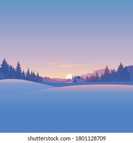 Winter landscape, a scene of a small house in a snowy forest at sunset, created by the imagination in the format of vector graphics.